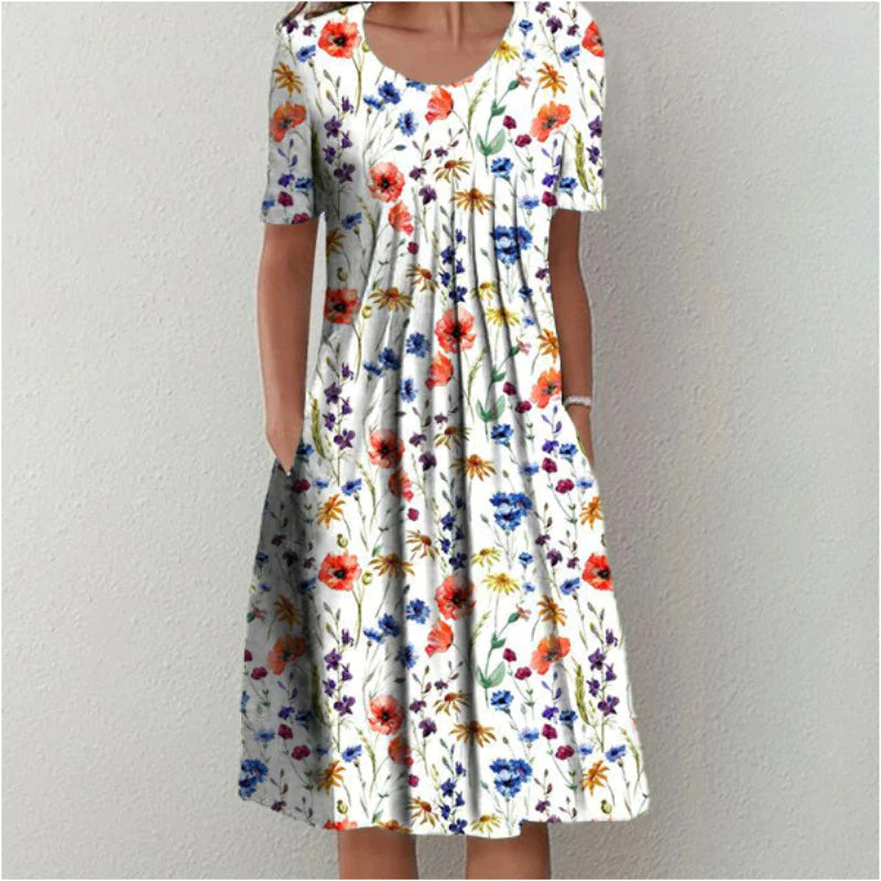 Abito estivo casual da donna con fiori, linea ad A e lunghezza midi