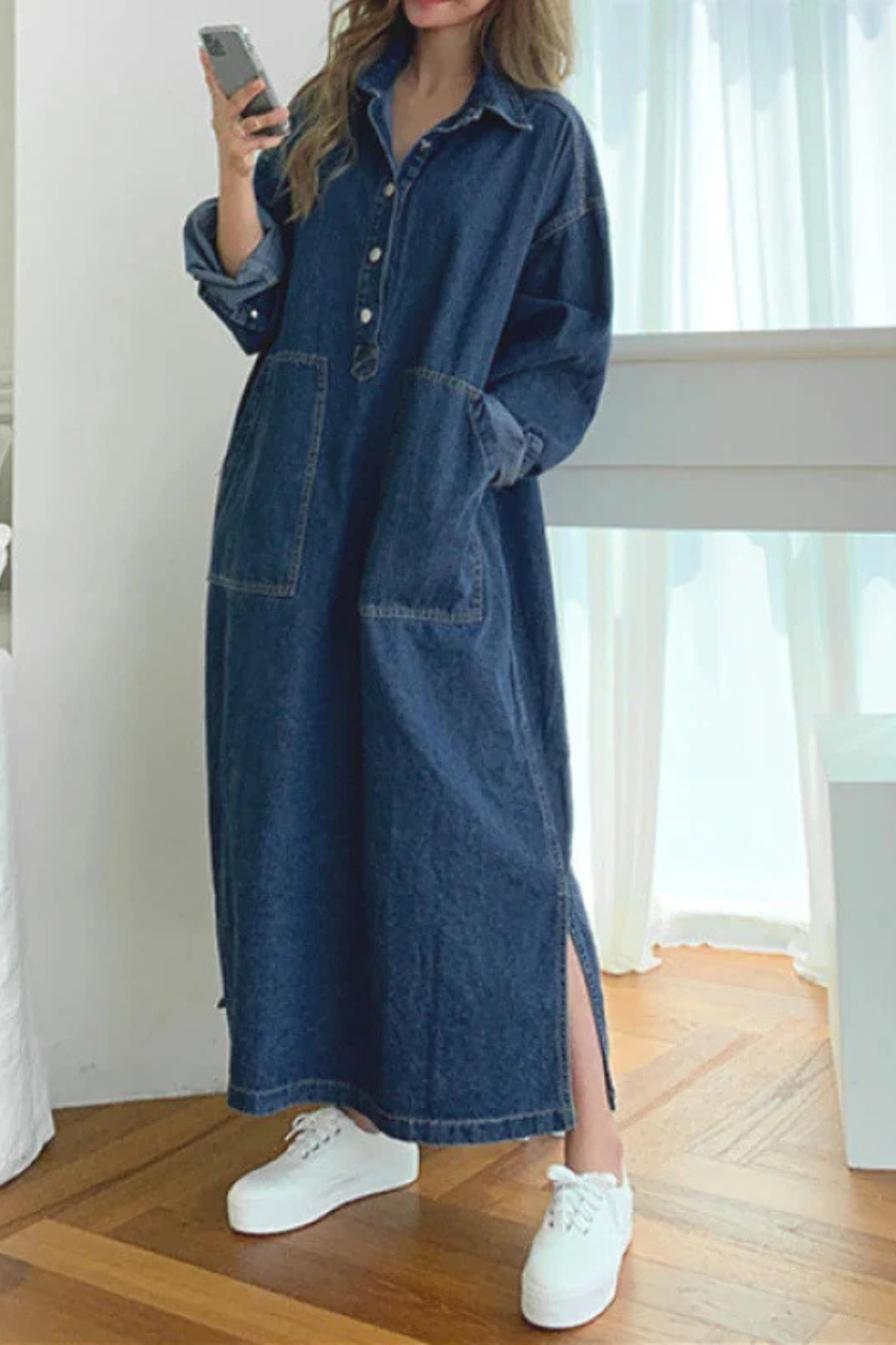 Women's Oversized Denim Shirt Maxi Dress with Front Pockets