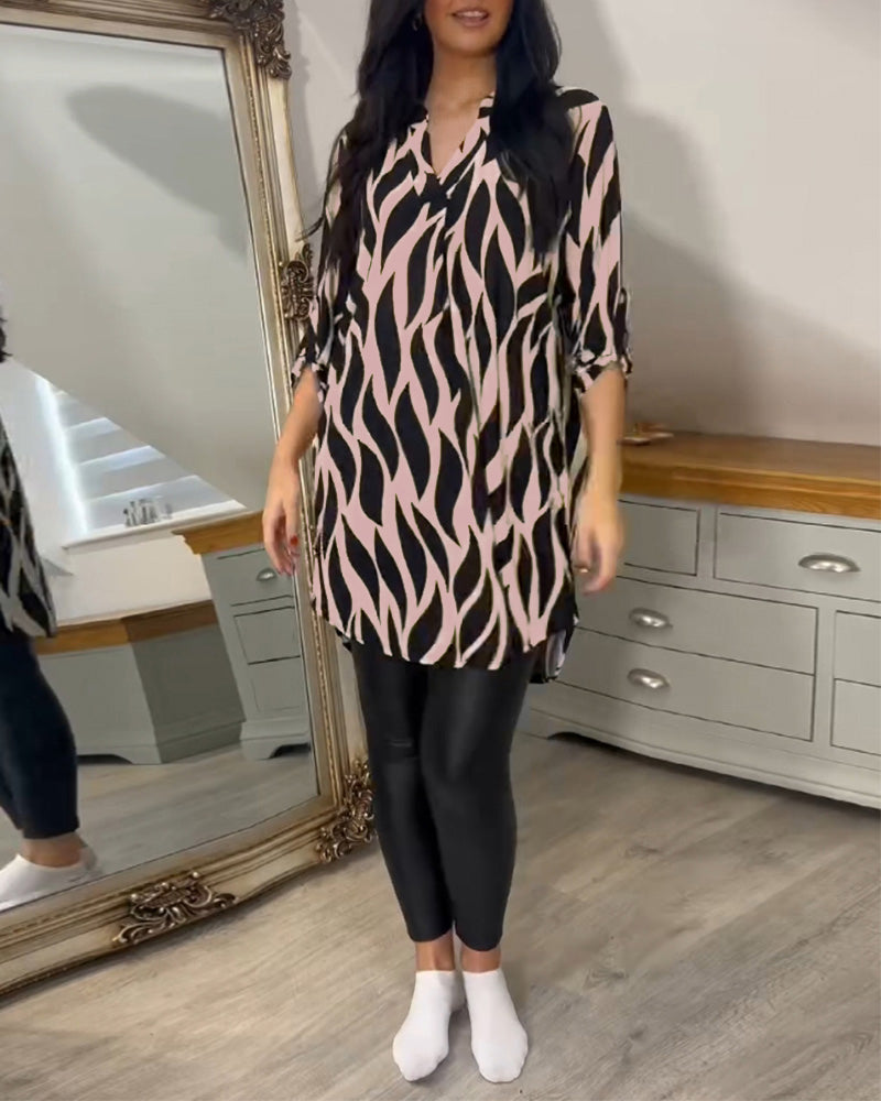 Blusa a tunica da donna con stampa astratta, vestibilità ampia e maniche a 3/4