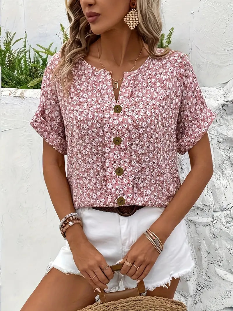 Women's Floral Button Front Short Sleeve Blouse