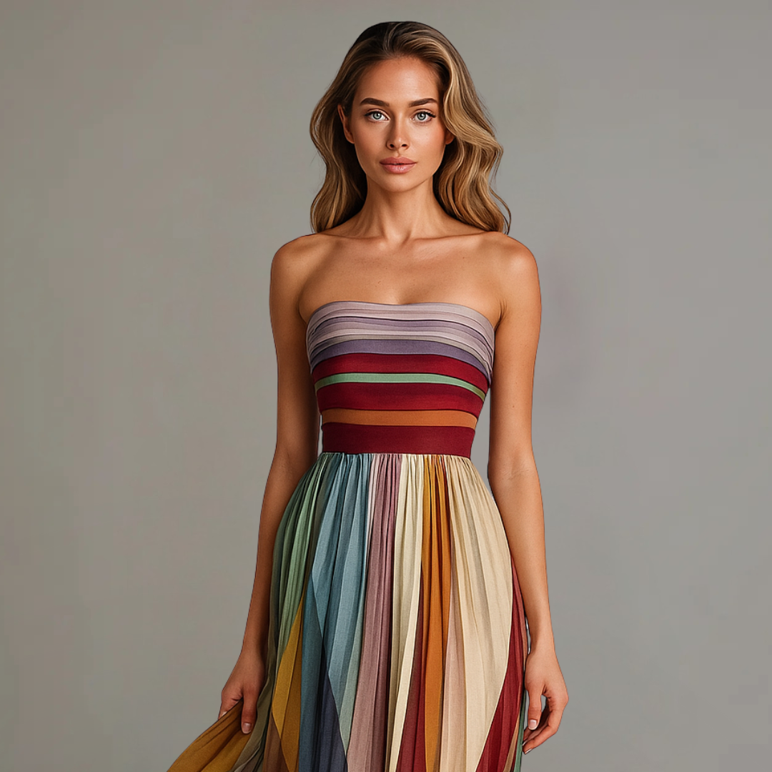 Robe longue plissée bohème multicolore sans bretelles