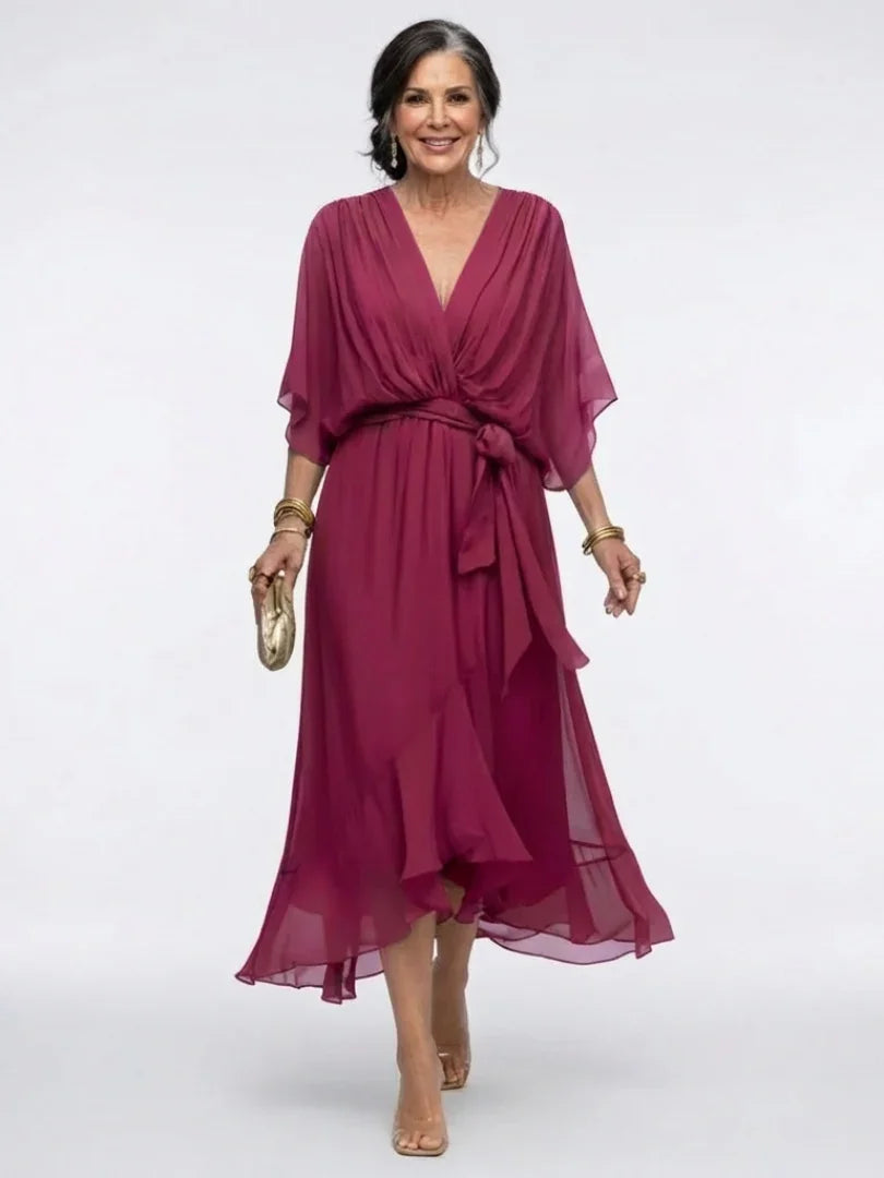Women's V Neck Midi Dress with Waist Tie