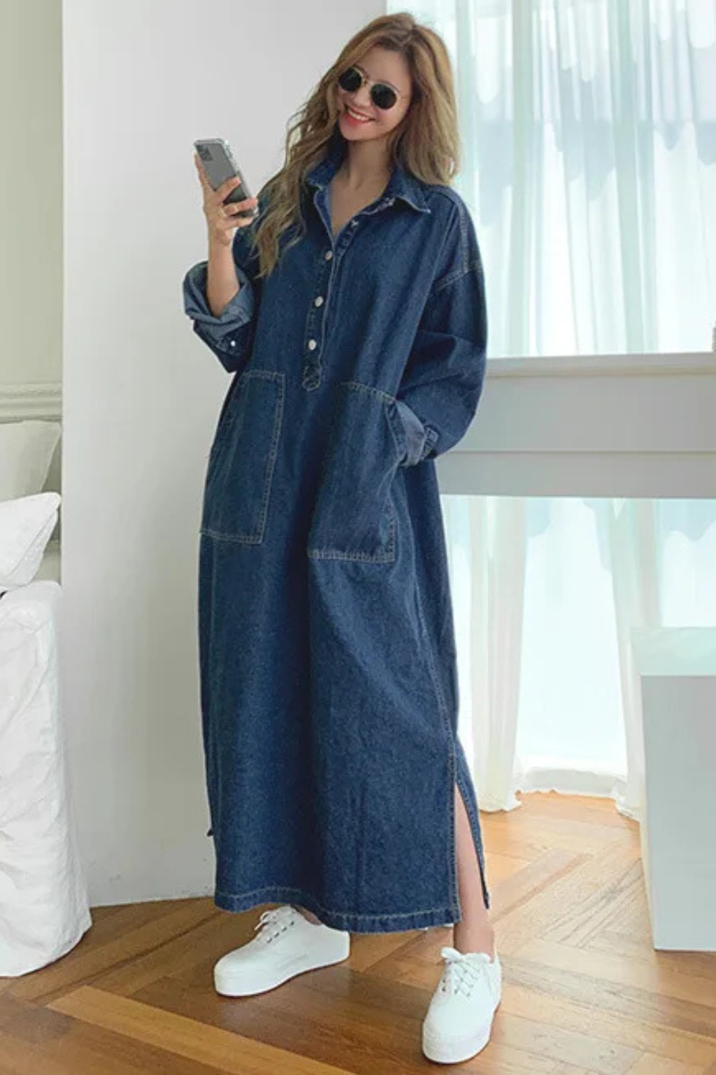 Women's Oversized Denim Shirt Maxi Dress with Front Pockets