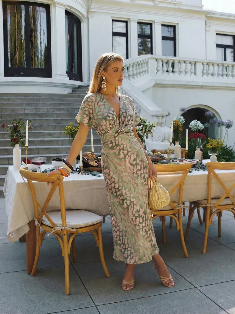 Women's Abstract Print Midi Dress with Twist Waist