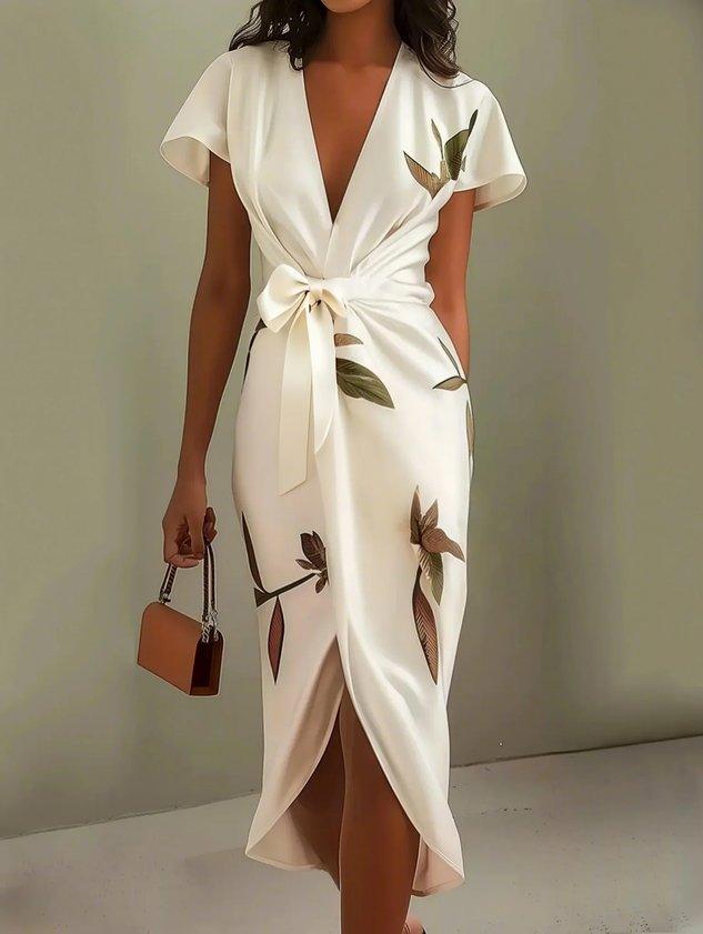 Women’s Floral Wrap Midi Dress with Tie Waist