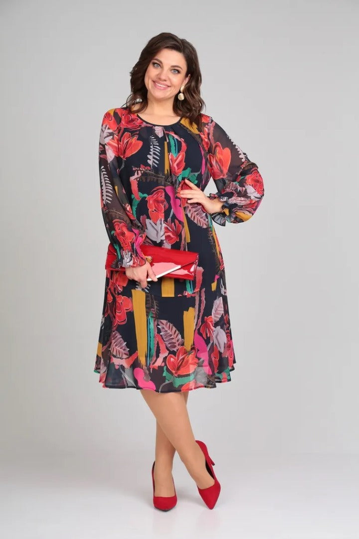Robe évasée en chiffon à fleurs vives pour femme