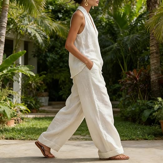 Completo da donna con top all'americana senza maniche e pantaloni a gamba larga