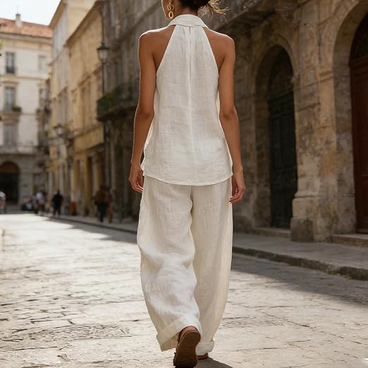 Completo da donna con top all'americana senza maniche e pantaloni a gamba larga