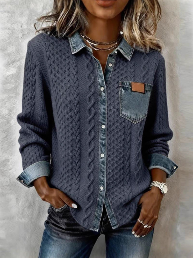 Women's Long Sleeve Shirt with Denim Details