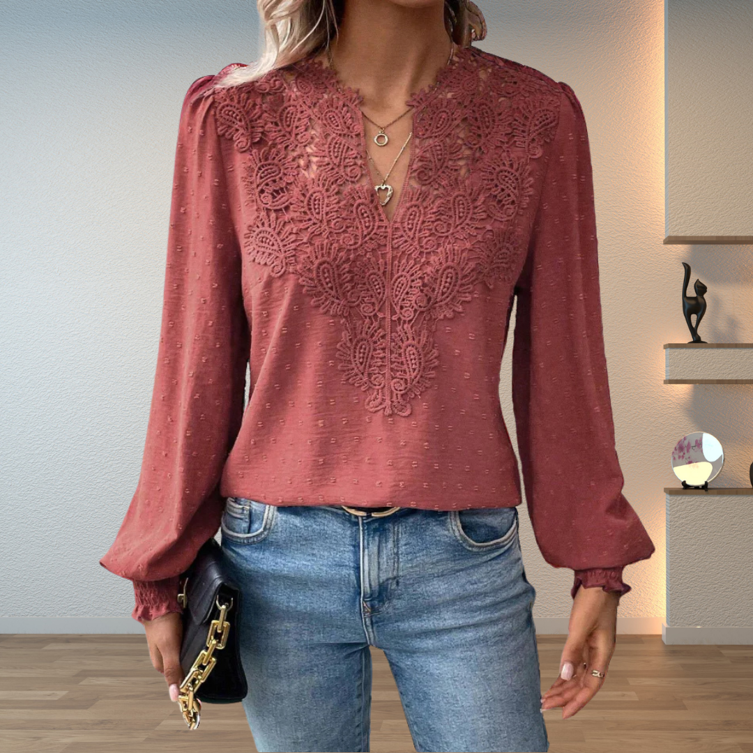 Blouse à manches longues pour femme avec col en V et broderie