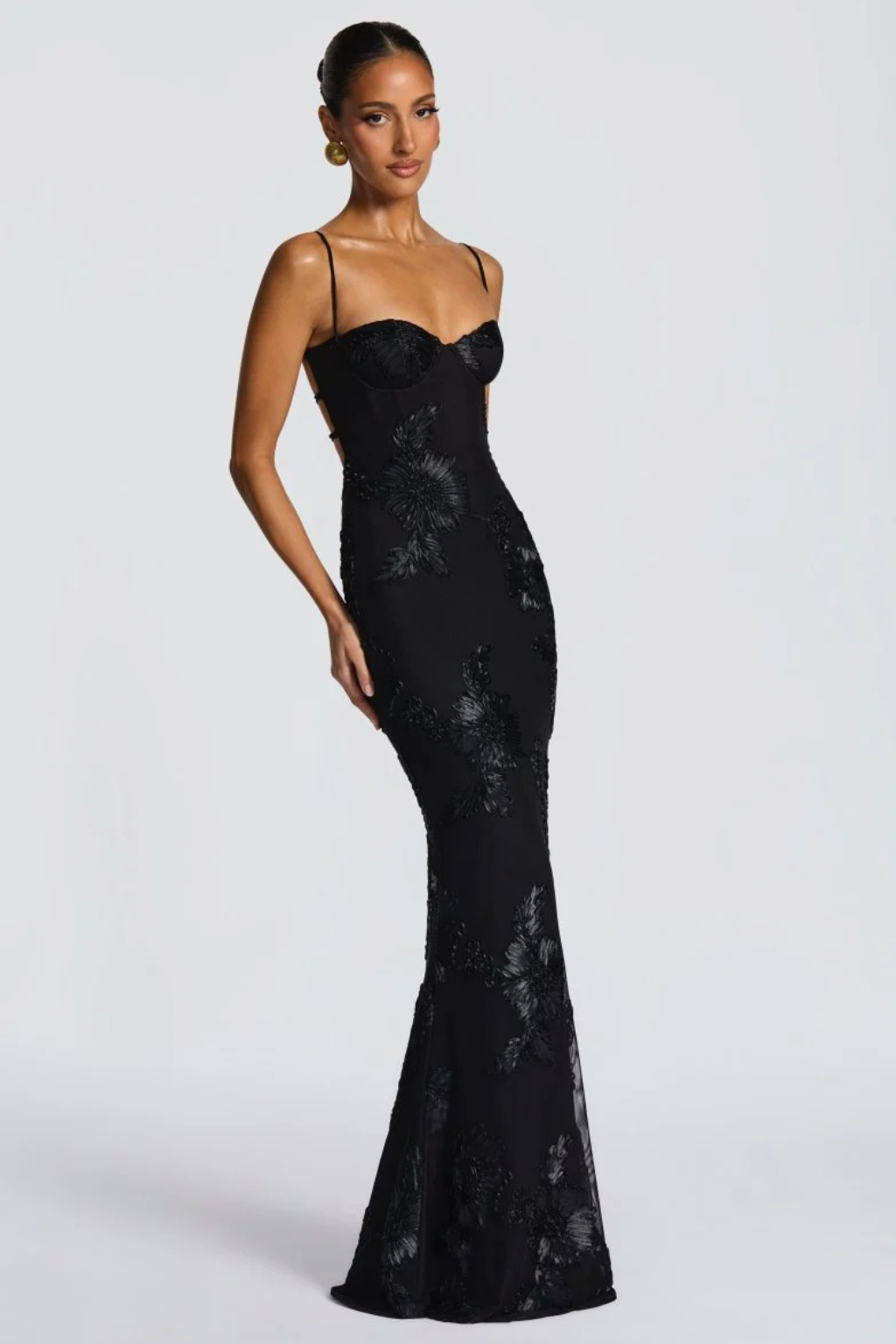 Robe longue corset brodée de fleurs pour femme avec bretelles fines