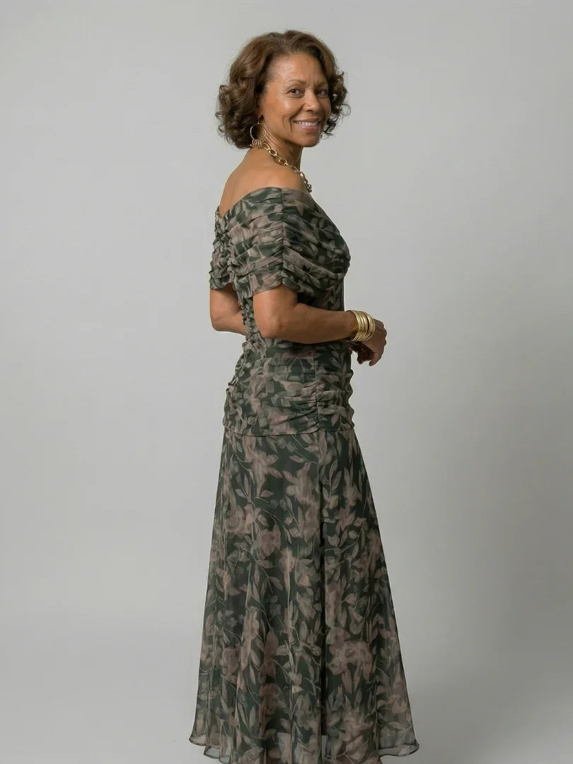 Robe maxi en mesh floral pour femme avec corsage froncé