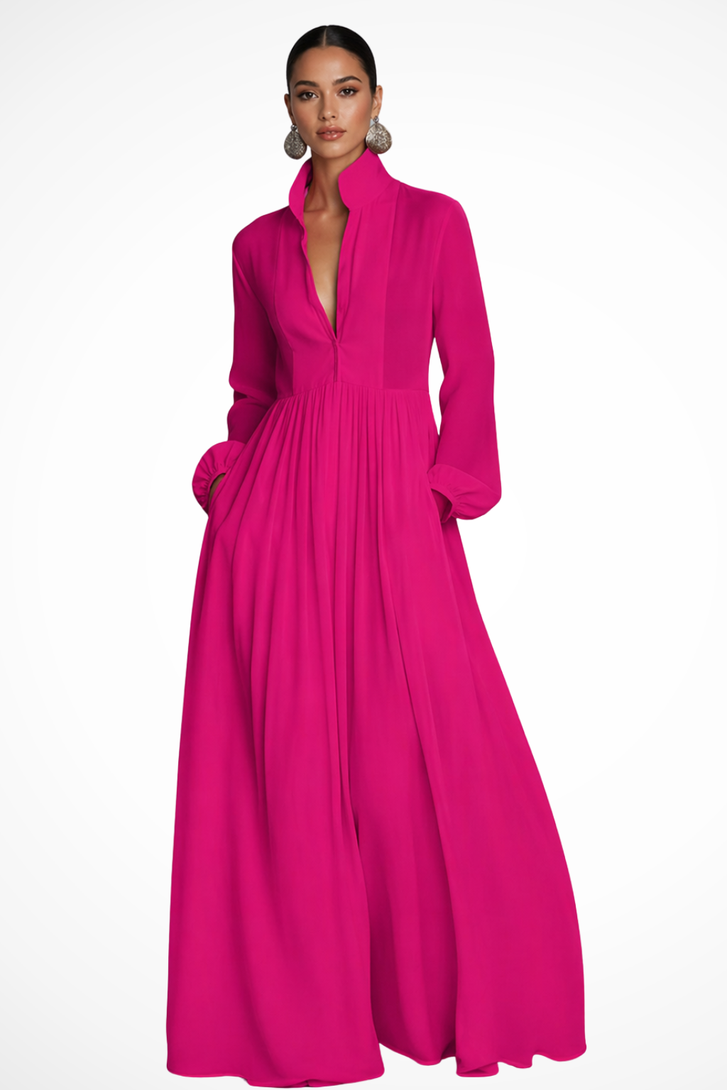 Women's Long Sleeve Button Front Maxi Dress with Pockets