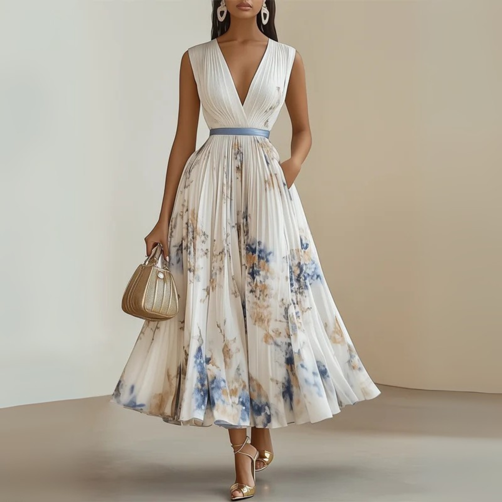 Robe midi sans manches à col en V fleurie pour femme