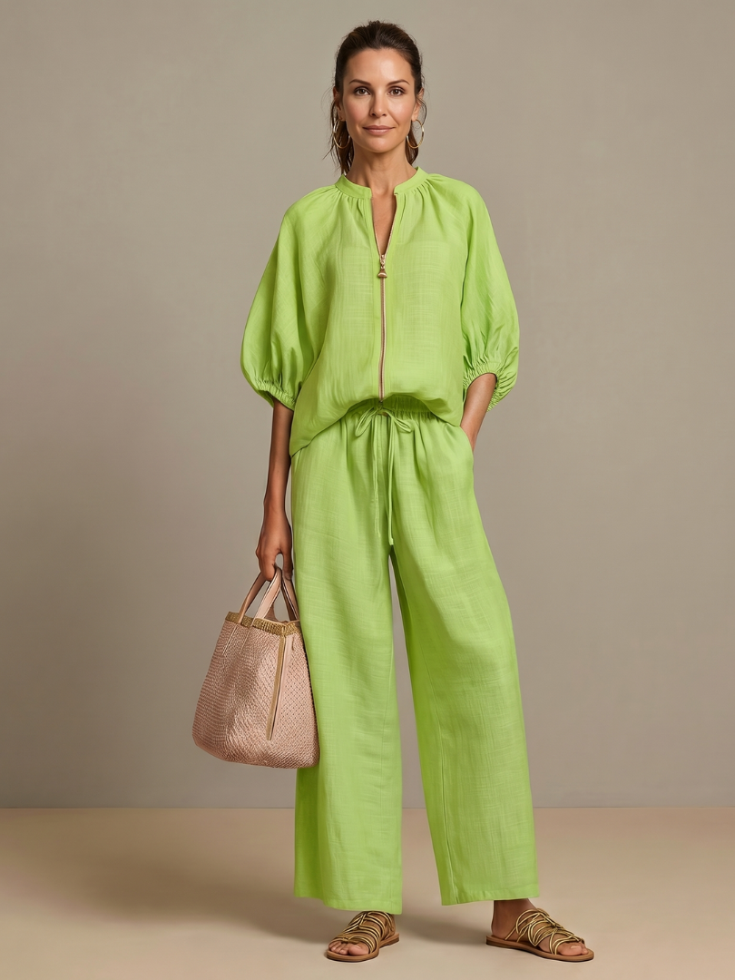 Women's Zip Front Blouson Top Wide Leg Set