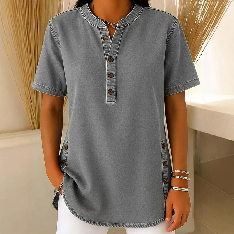 Women’s Short Sleeve Henley Tunic Top with Side Slits