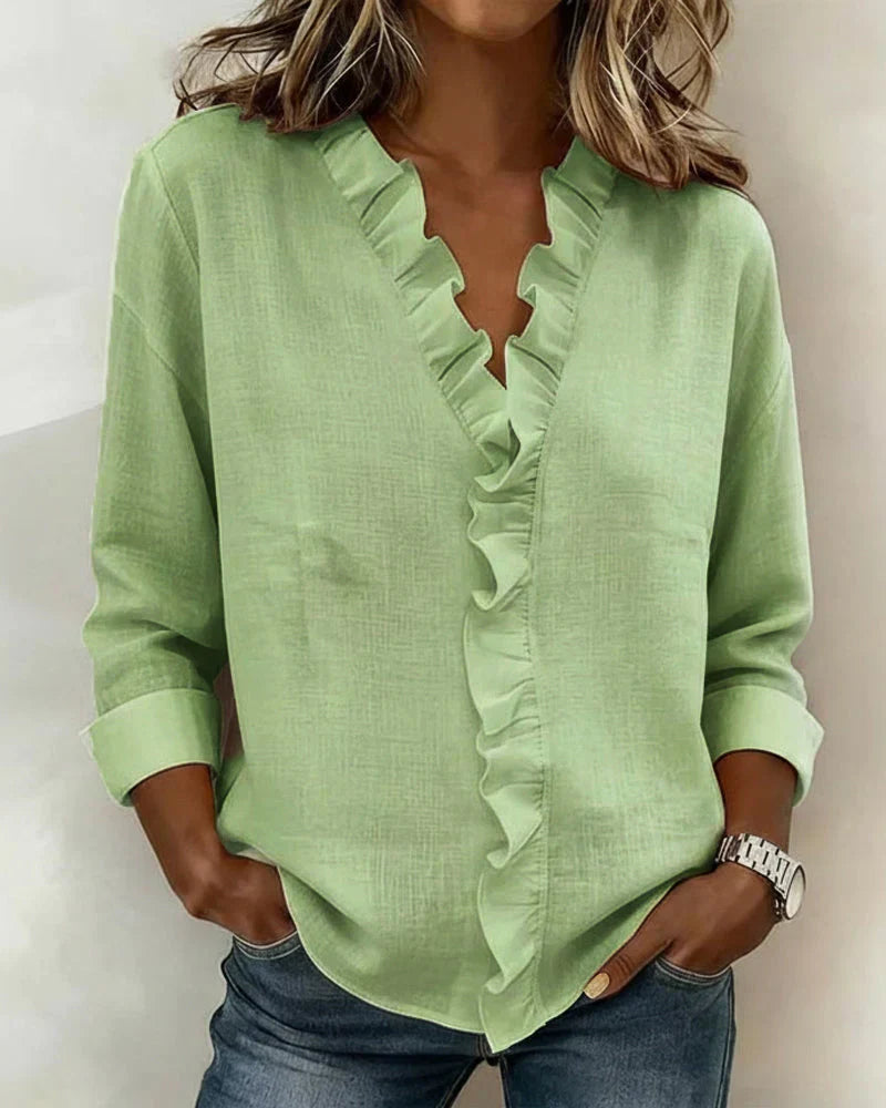 Women's Ruffled V-Neck Long Sleeve Blouse