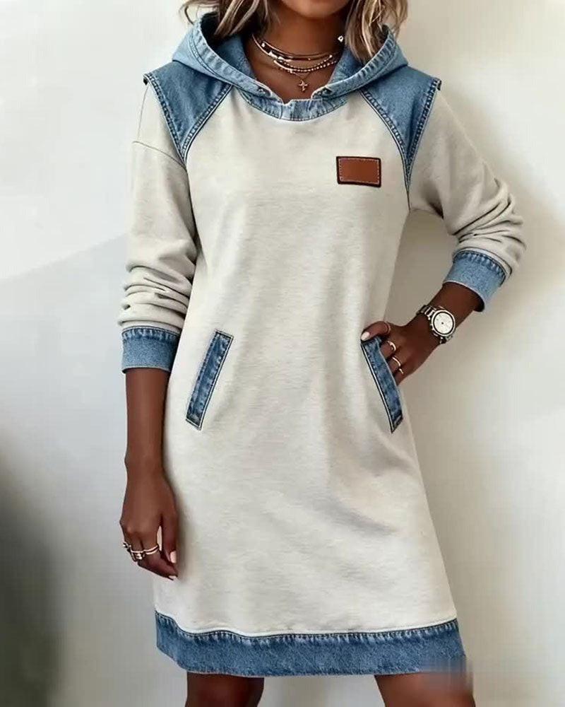 Women's Hooded Denim Accent Sweatshirt Dress with Pockets