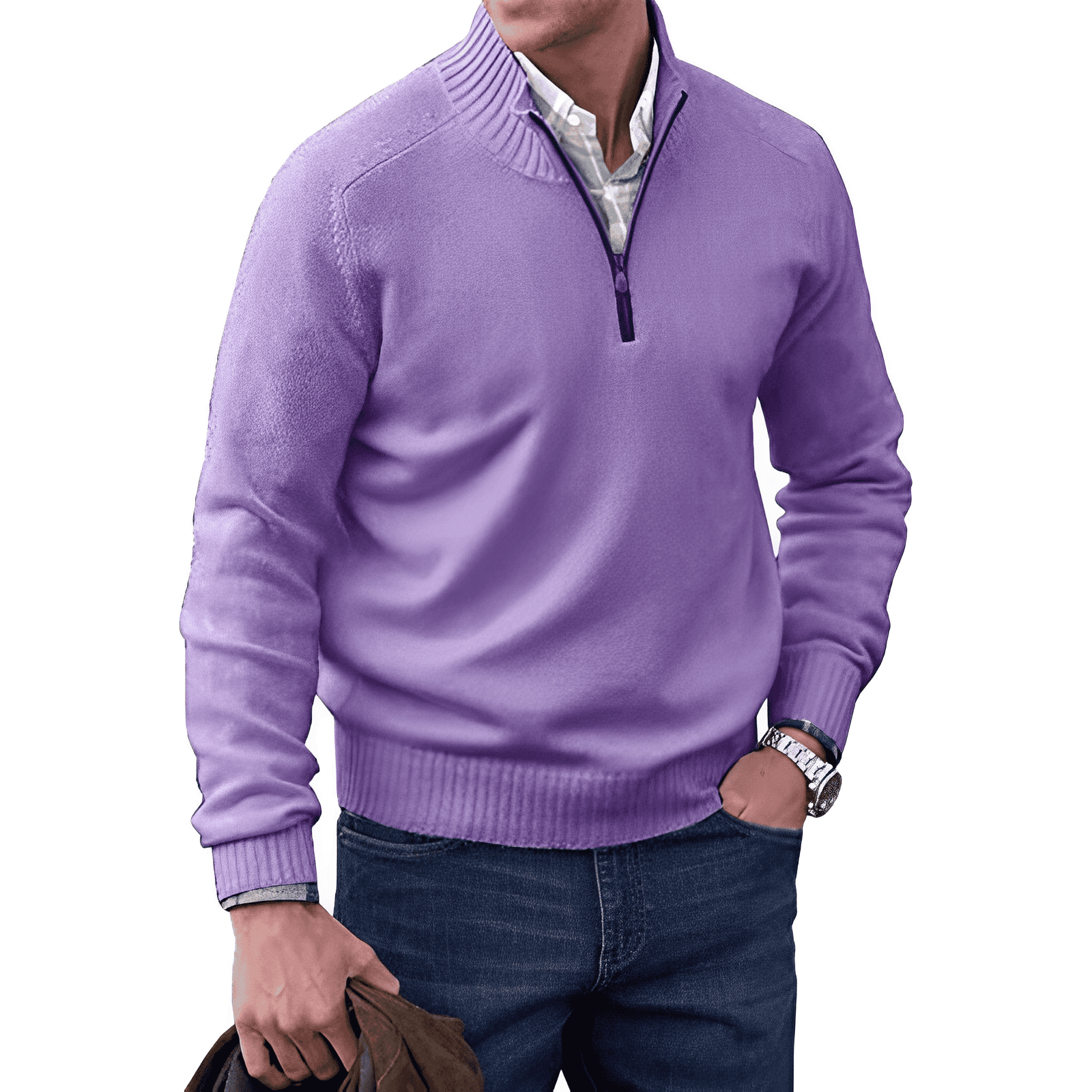 Maglione da uomo con zip a un quarto e dettagli a coste
