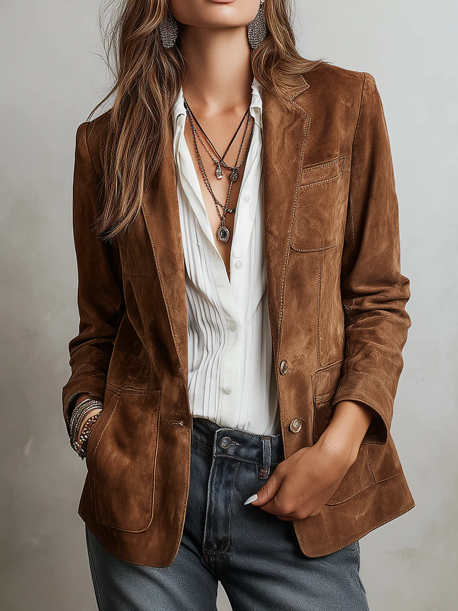 Blazer vintage de ante sintético para mujer con cierre frontal de botones