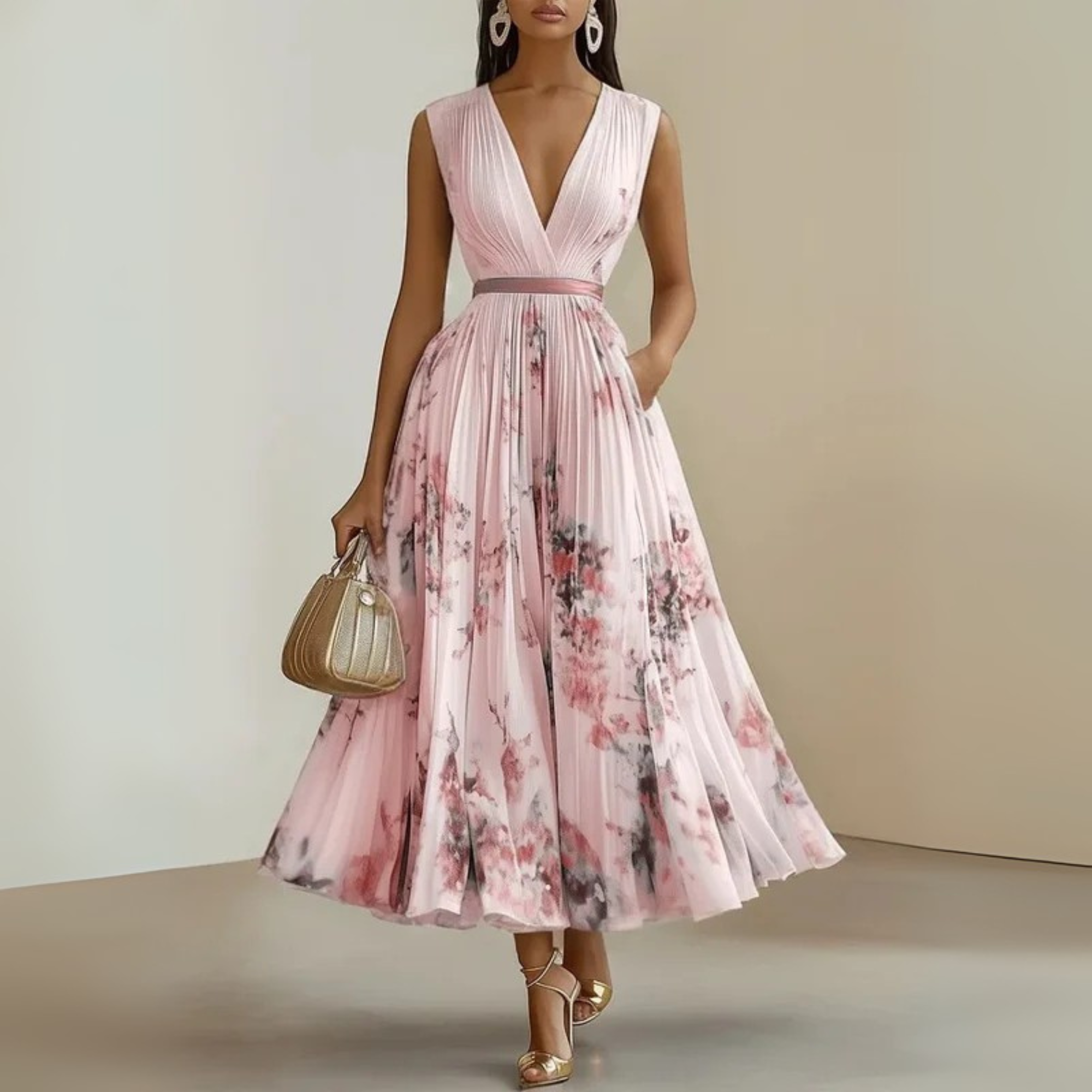 Robe maxi plissée sans manches à col en V pour femme