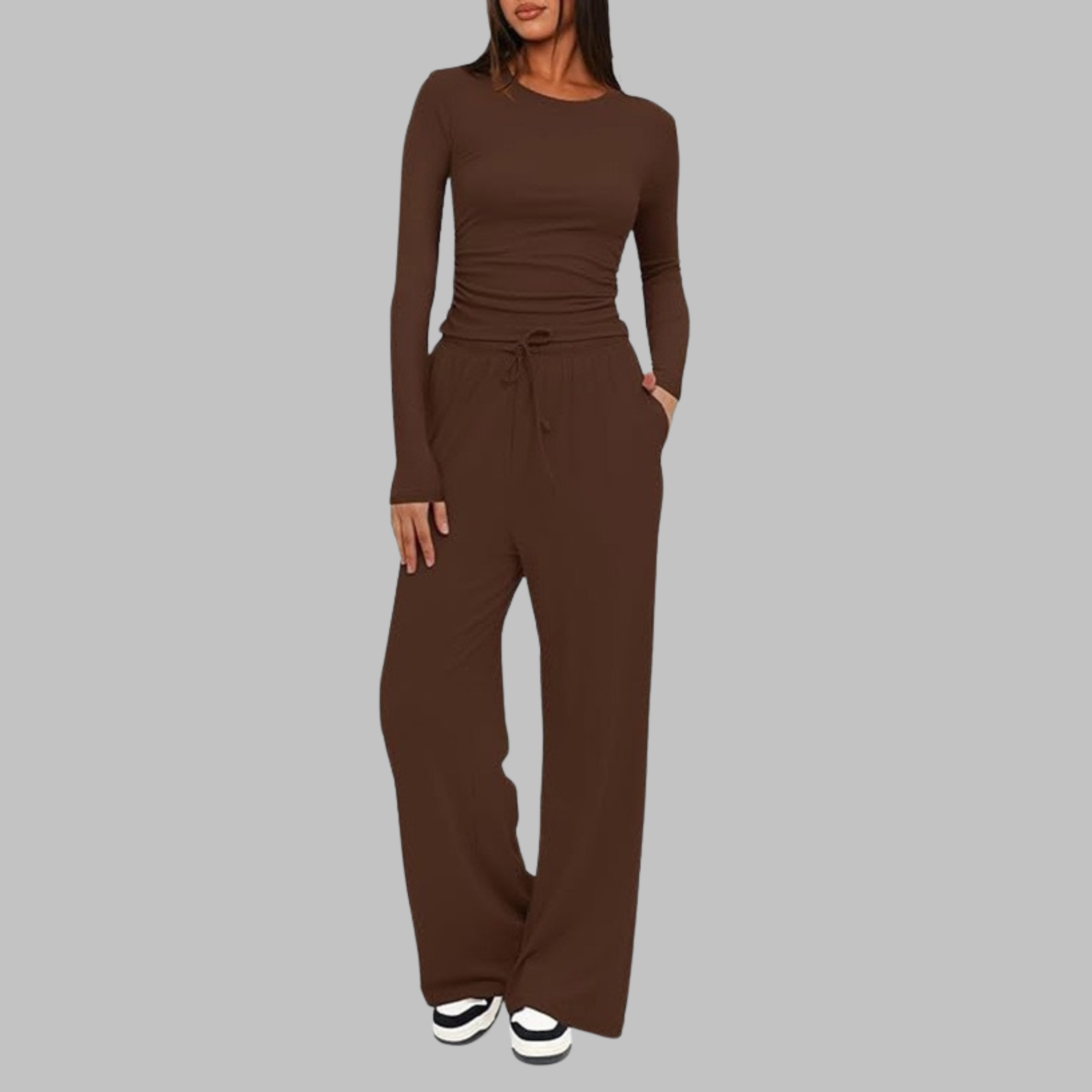Conjunto de blusa de manga larga y pantalones de pierna ancha para mujer
