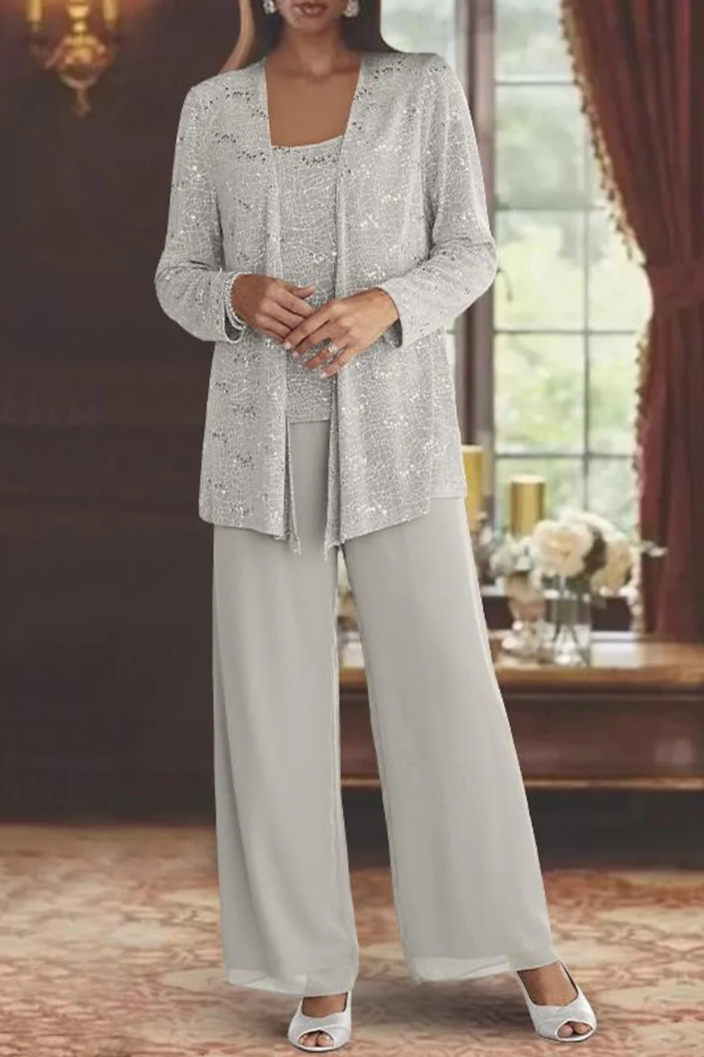 Ensemble trois pièces pour femme en dentelle à sequins, pantalon large