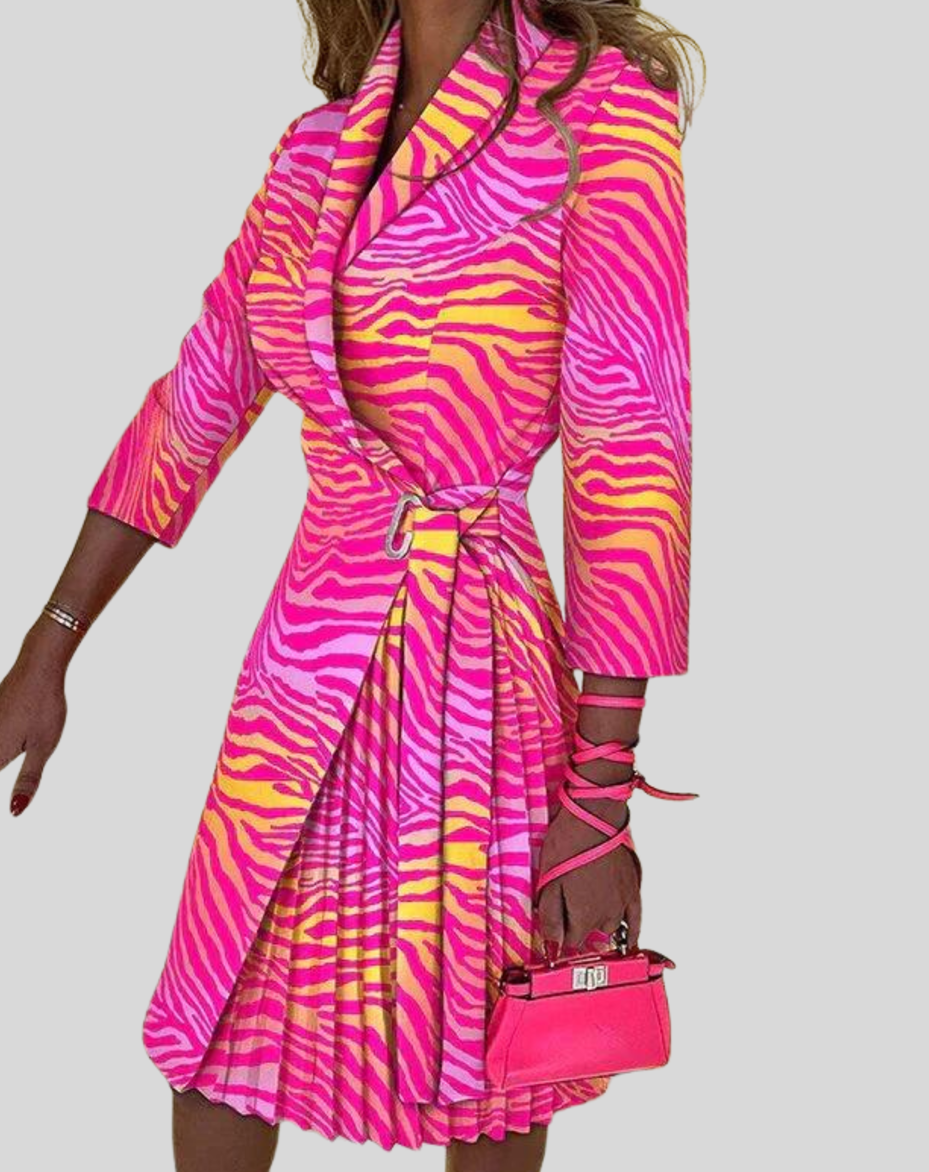 Women's Long Sleeve Belted Pleated Midi Dress