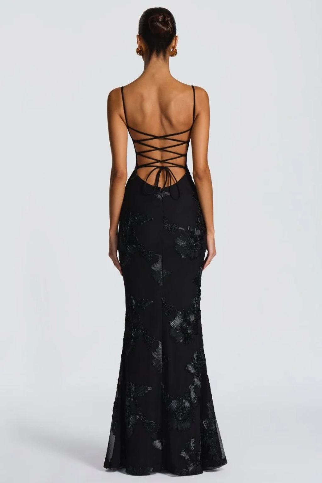 Robe longue corset brodée de fleurs pour femme avec bretelles fines