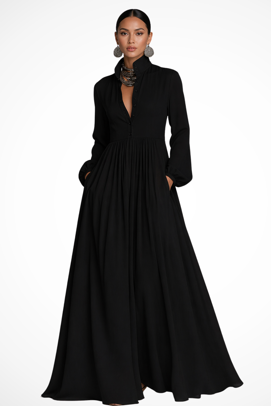 Women's Long Sleeve Button Front Maxi Dress with Pockets