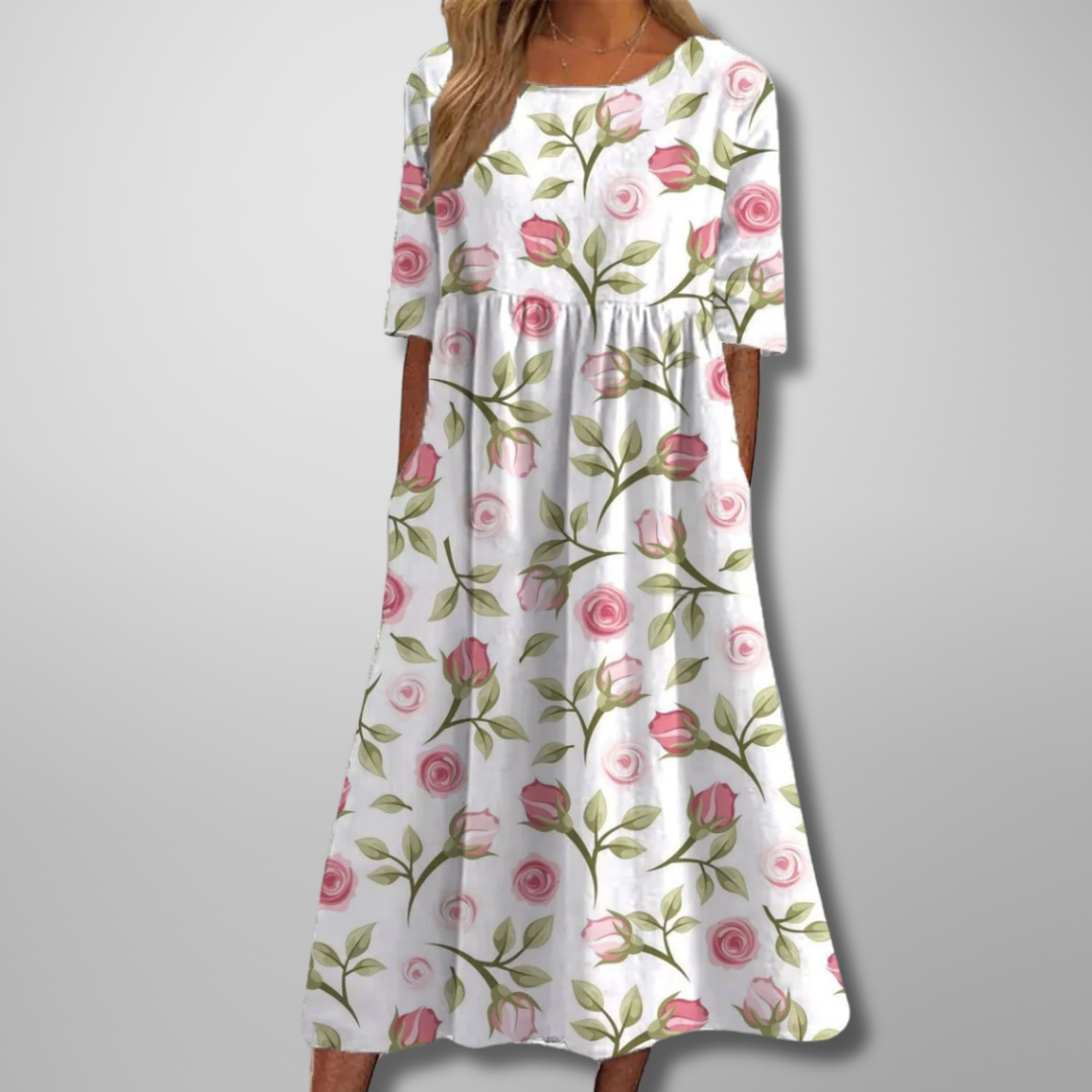 Relaxed Floral Print Midi Dress with Short Sleeves for Women