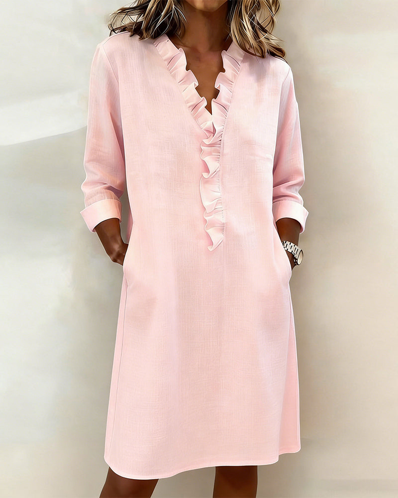 Women's Elegant Knee-Length Dress with Ruffled V-Neck