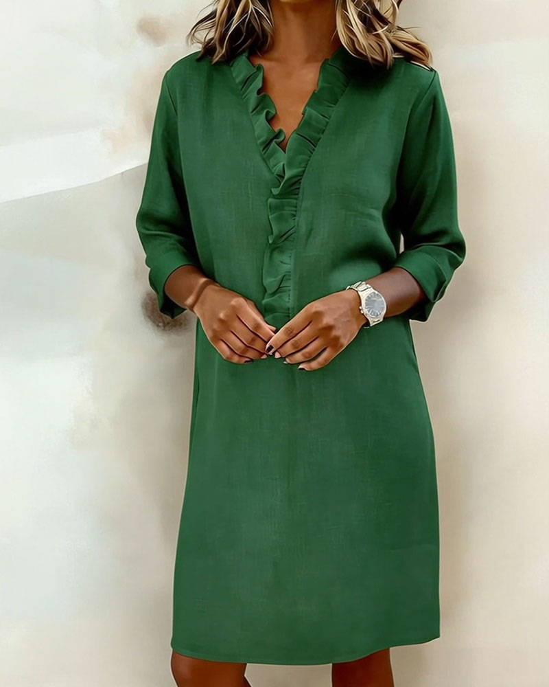 Women's Elegant Knee-Length Dress with Ruffled V-Neck