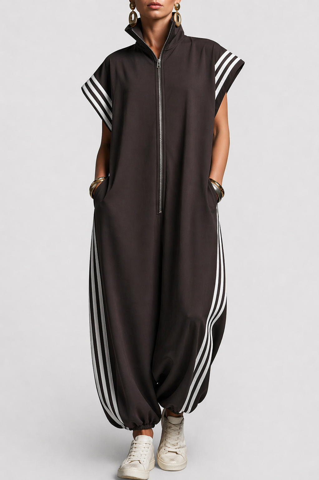 Women's Zip-Up Jumpsuit with Contrast Stripes