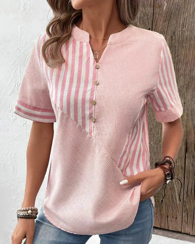 Blouse à rayures pour femmes avec boutons sur le devant et manches courtes
