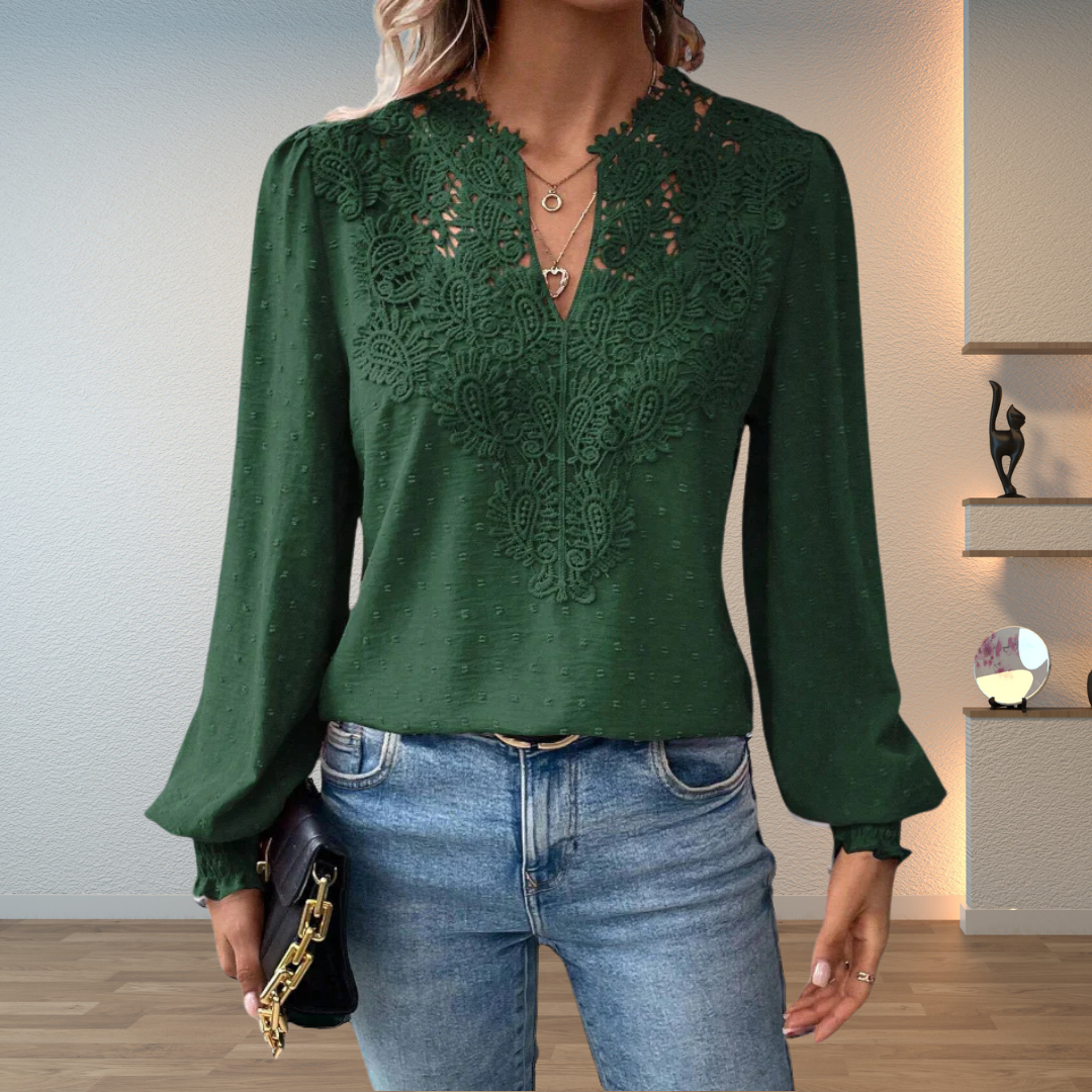 Blouse à manches longues pour femme avec col en V et broderie
