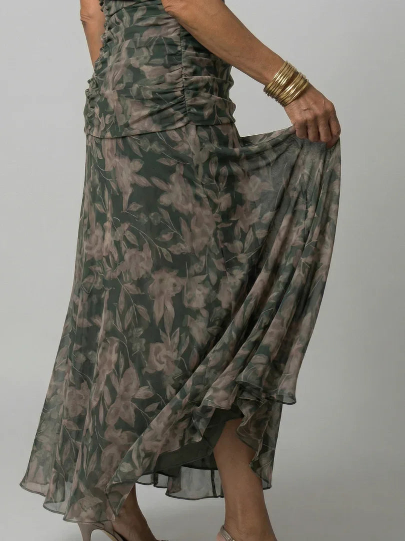 Robe maxi en mesh floral pour femme avec corsage froncé