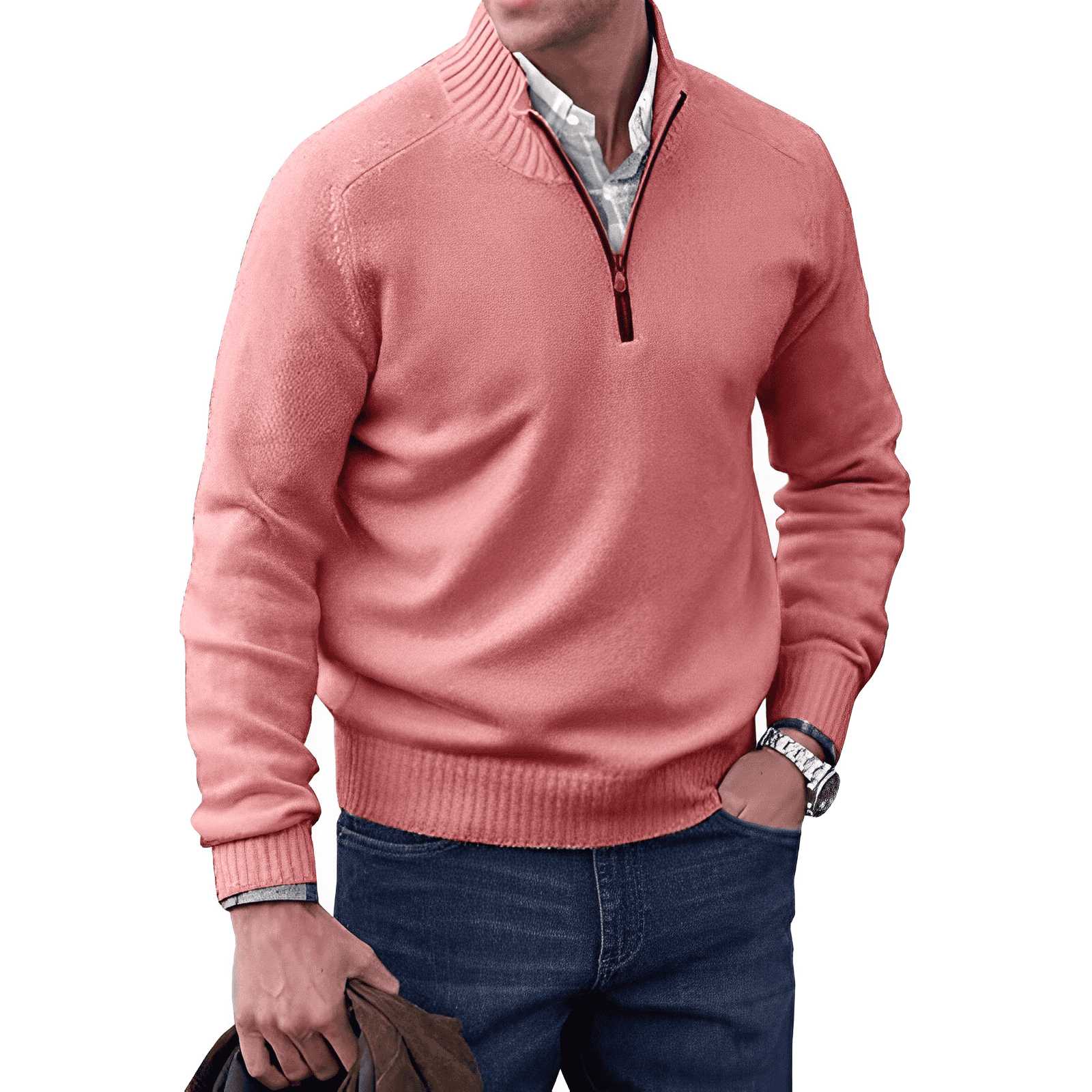 Maglione da uomo con zip a un quarto e dettagli a coste