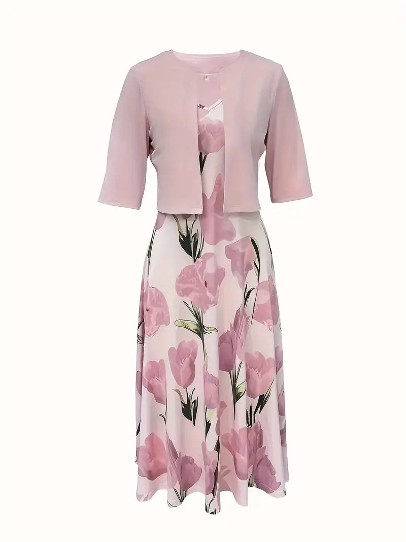 Robe maxi fleurie avec ensemble cardigan court pour femmes