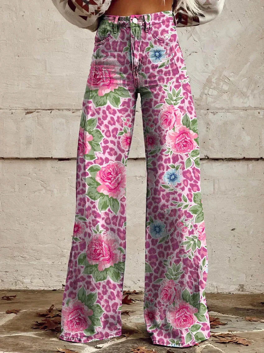 Vintage Floral Print Wide-Leg Pants for Women
