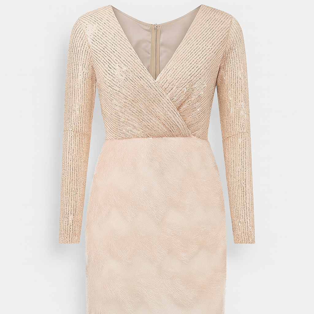 Robe de soirée longue Amara à plumes et sequins, manches longues