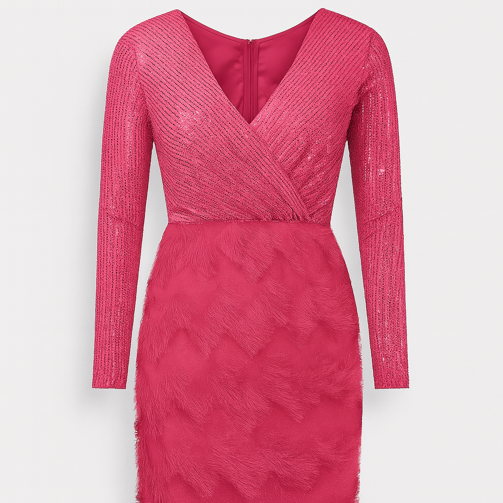 Robe de soirée longue Amara à plumes et sequins, manches longues