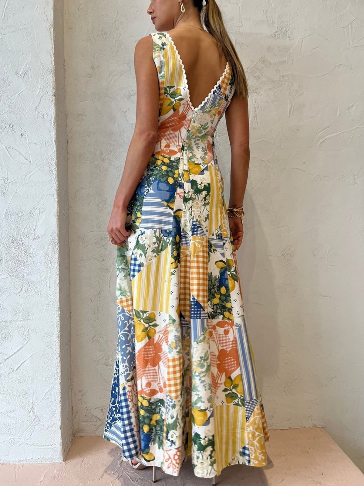 Elegant Patchwork V-Neck Maxi Dress Bohemian Style