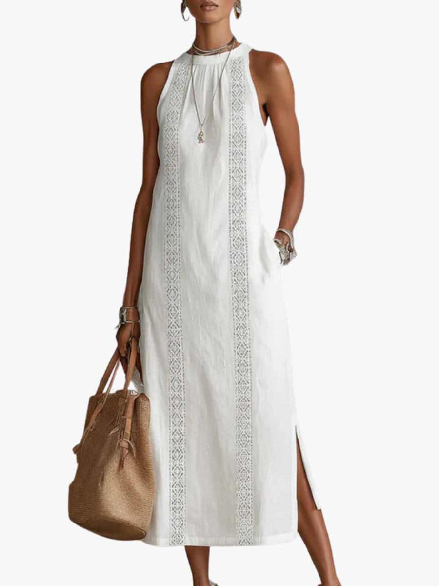 Robe midi sans manches pour femme avec col licou et bordure en dentelle ajourée