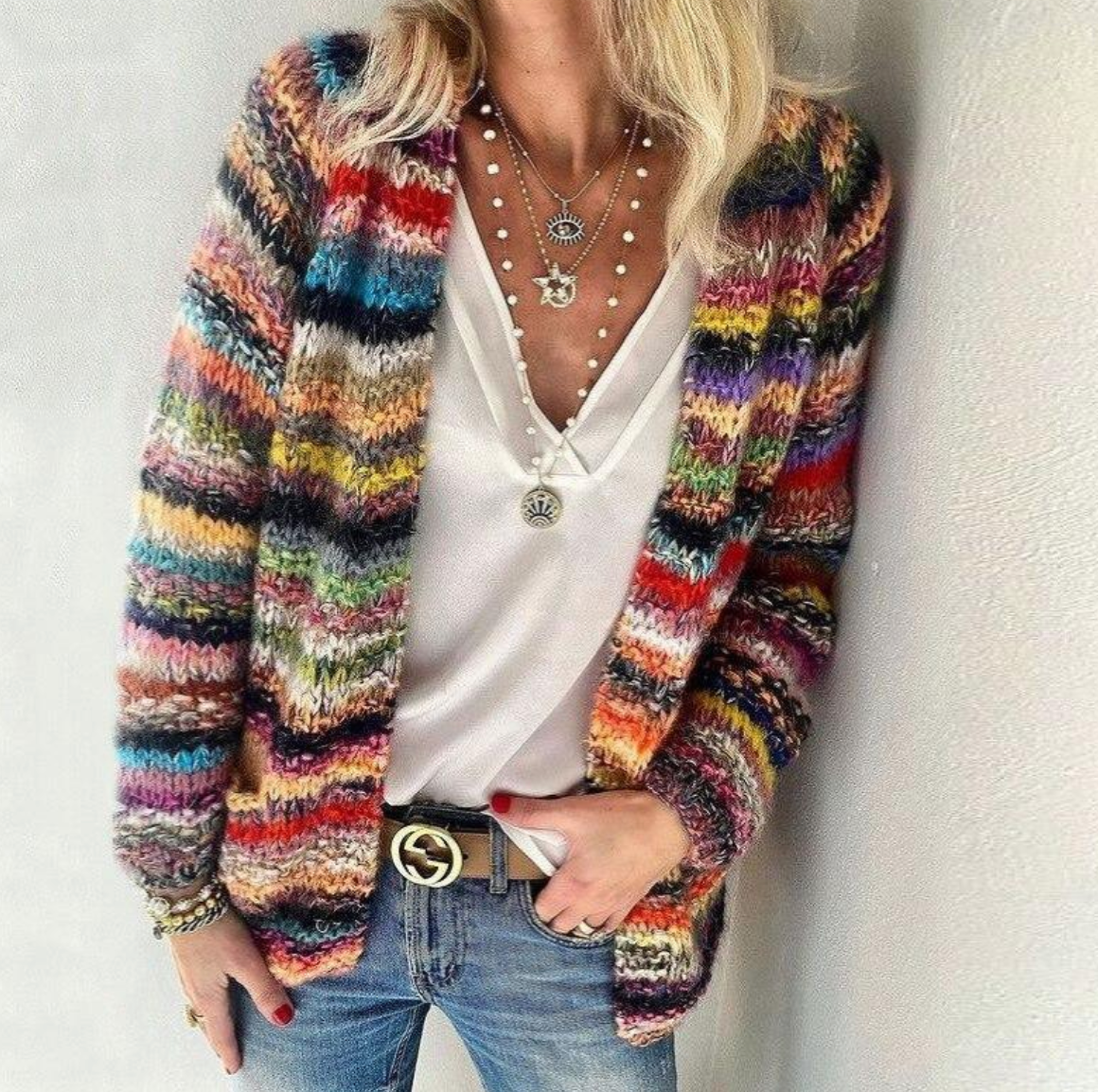 Women's Multicolor Striped Knit Open Front Cardigan