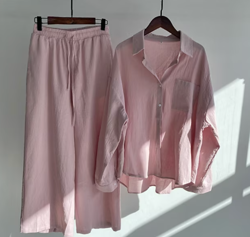 Ensemble coordonné chemise décontractée boutonnée et pantalon à jambes larges