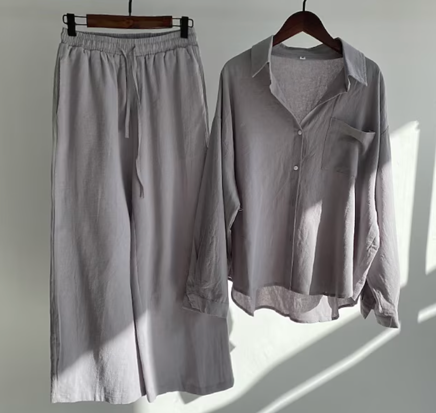 Ensemble coordonné chemise décontractée boutonnée et pantalon à jambes larges