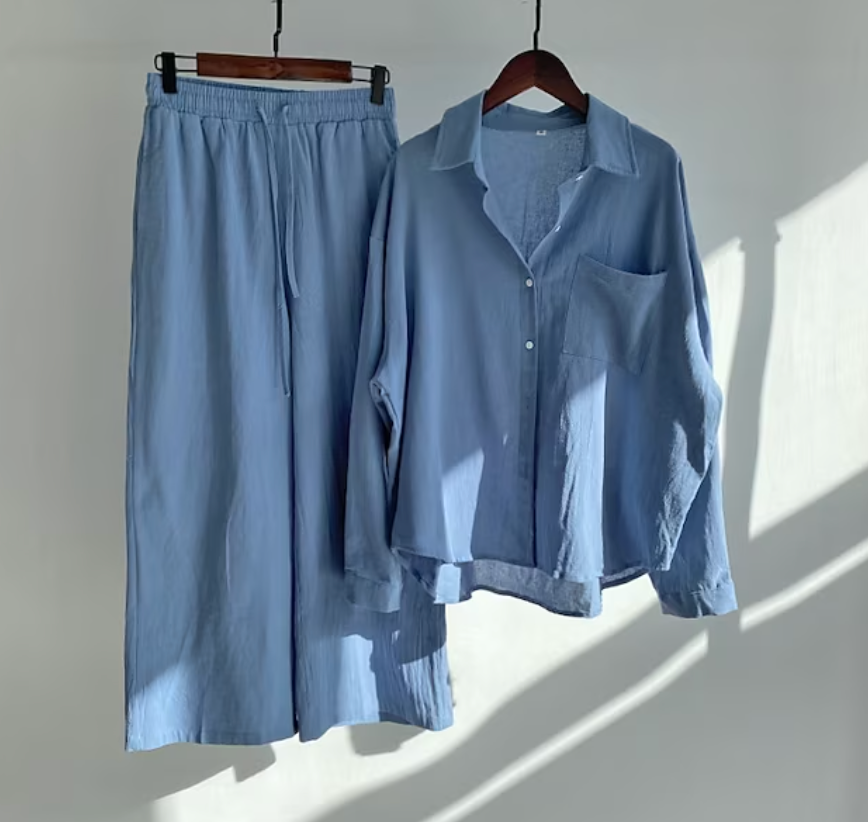 Ensemble coordonné chemise décontractée boutonnée et pantalon à jambes larges
