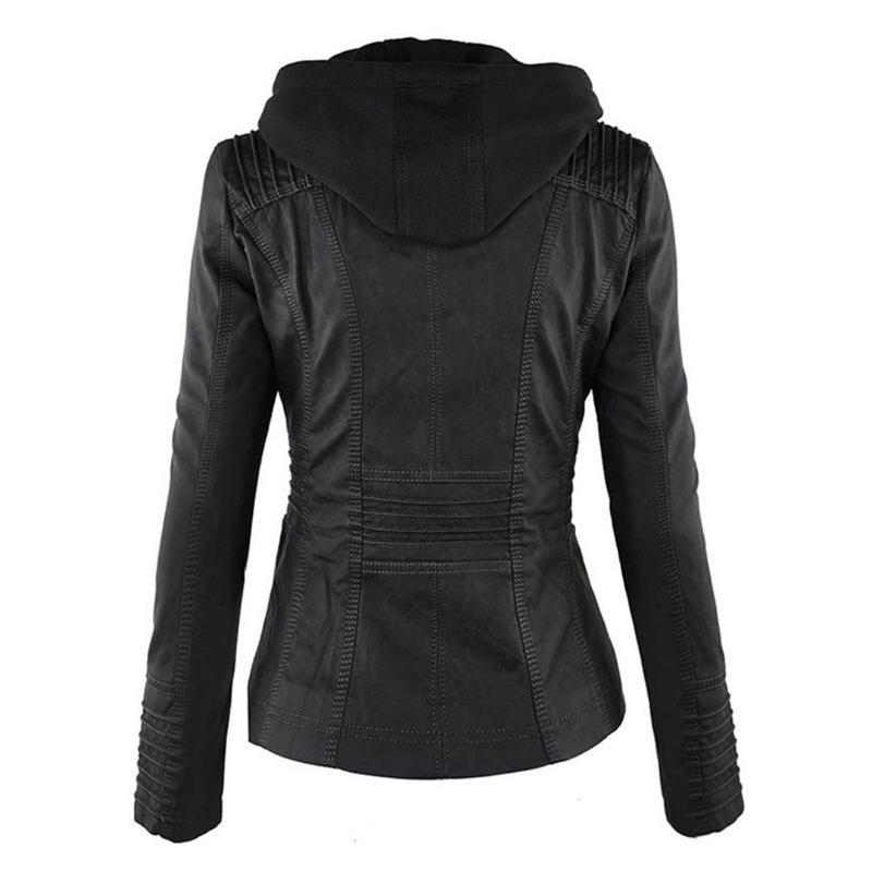 Giacca in pelle con cappuccio da donna con zip asimmetrica