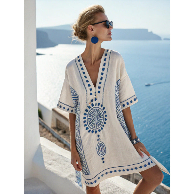 Women's Bohemian Embroidered Caftan Dress Summer